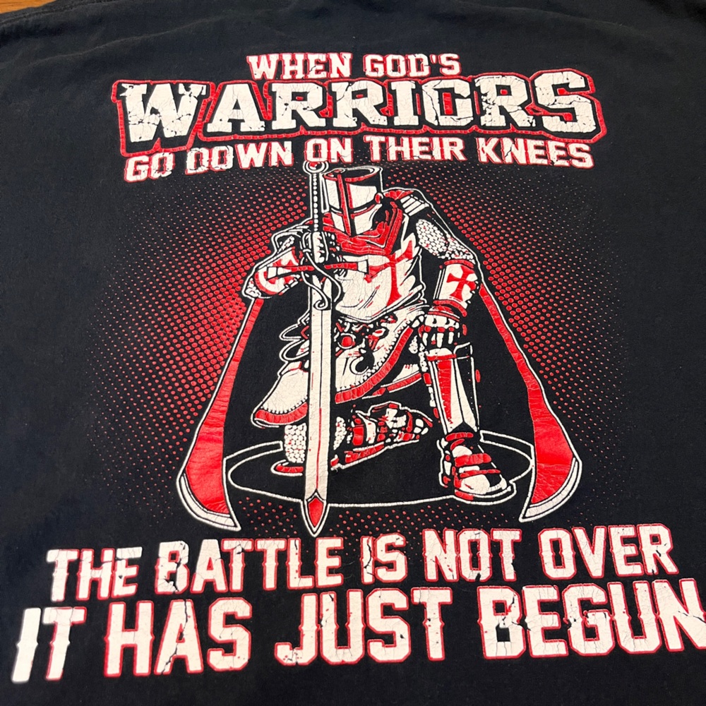 Black Graphic T-Shirt with Red and White Christian design on the back!